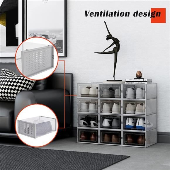 12 Pack Clear Plastic Stackable Shoe Boxes, Drop Front Shoe Organizer for Closet - Picture 3 of 6